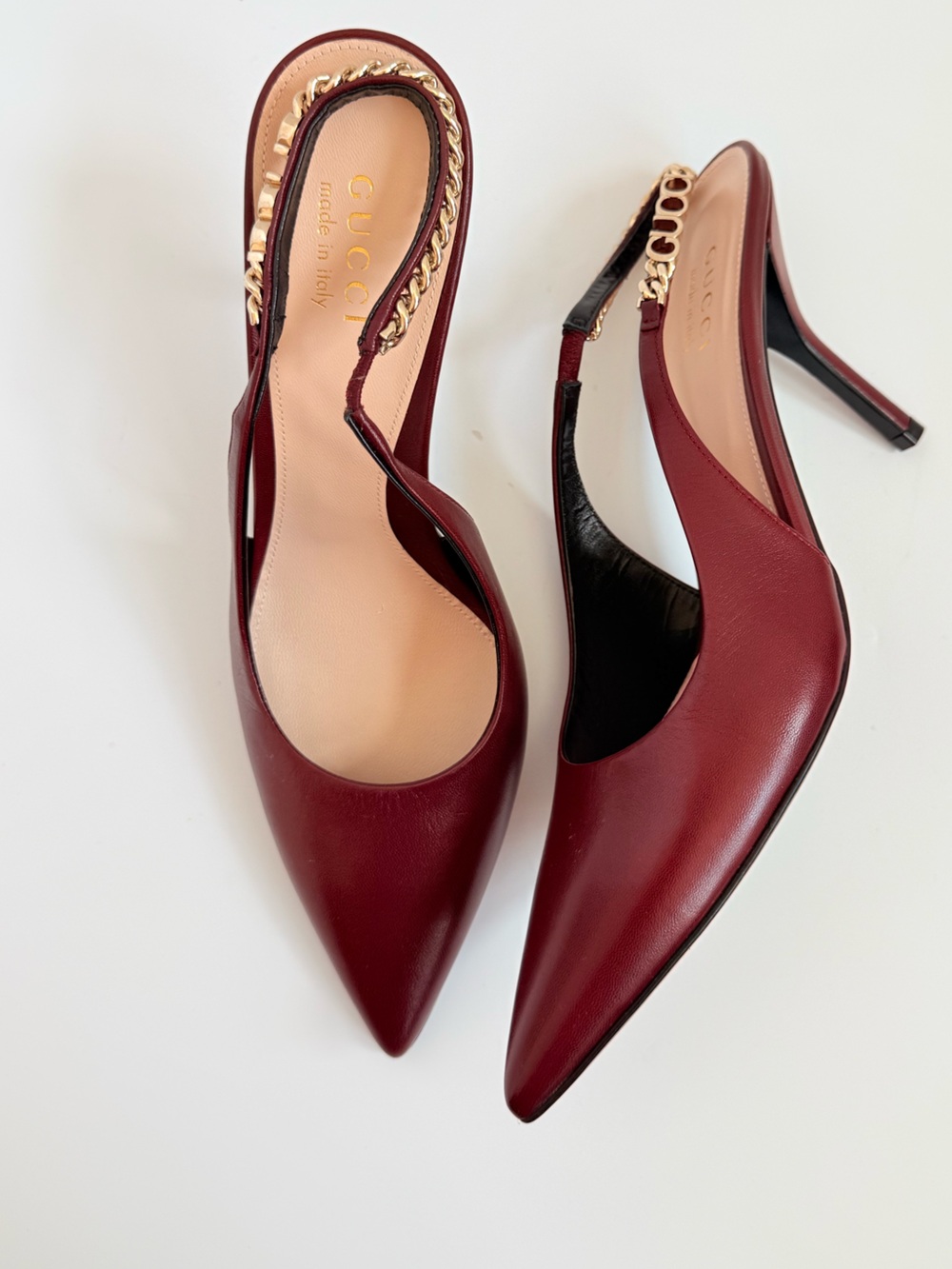 Gucci Malaga Charlotte Ancora Red Chain Slingback Pumps 85mm Leather Heels EU 39